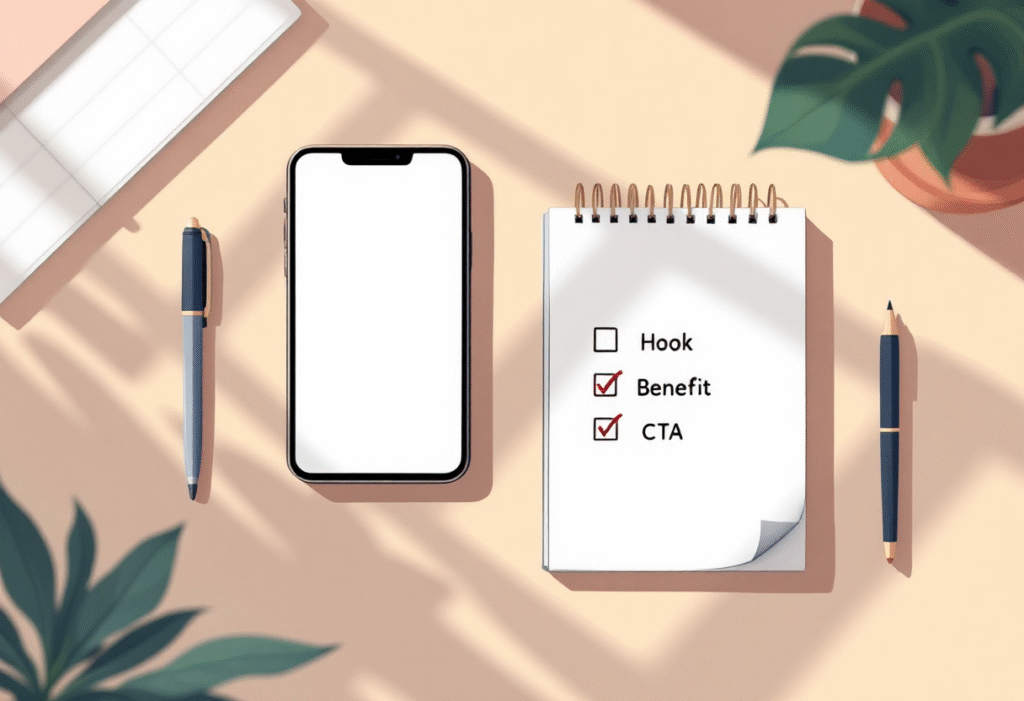 Phone with a link hub next to a checklist that reads Hook Benefit CTA