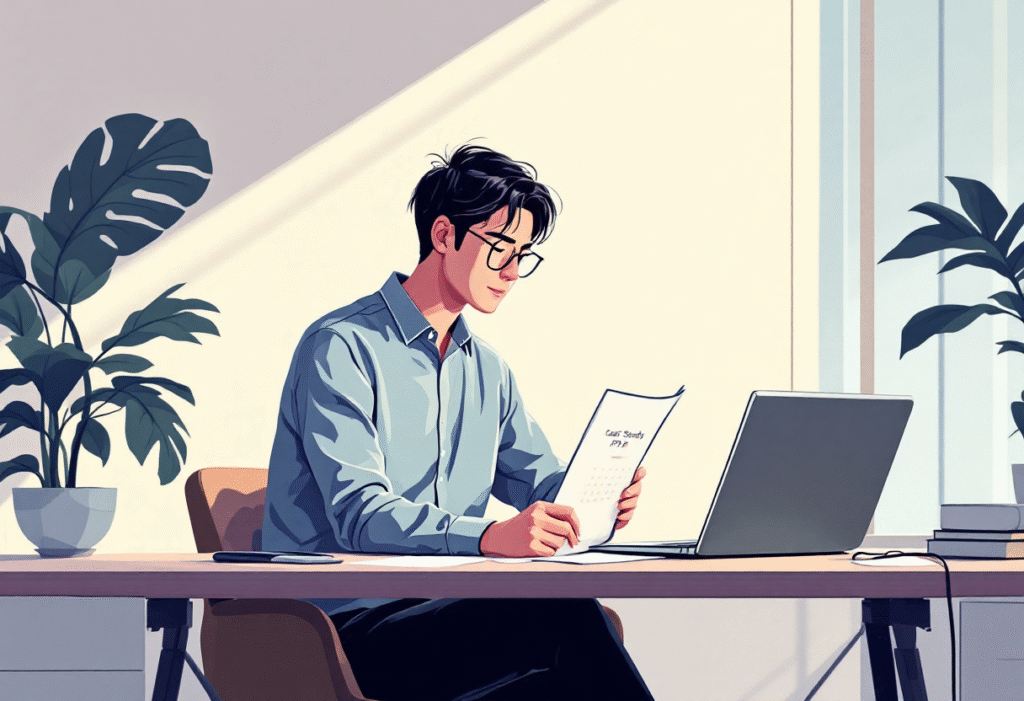 Small business owner reading a case study PDF next to a booking calendar