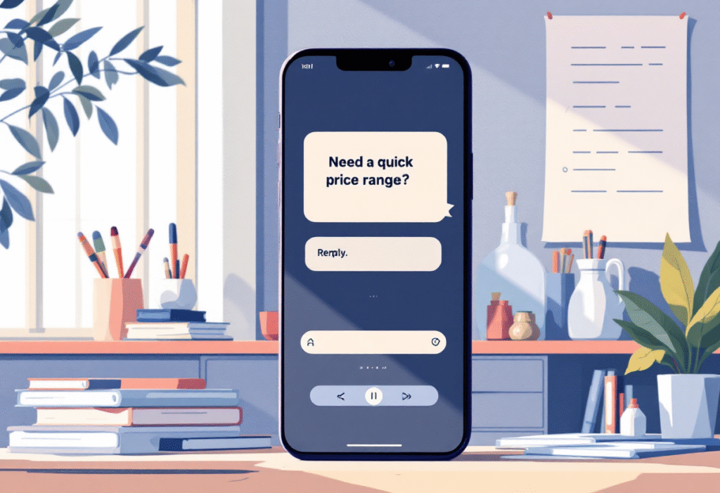 Mobile live chat on a phone asking for a quick price range