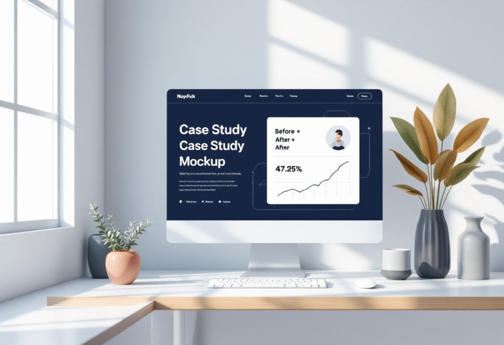 Clean website mockup showing a bold case study card with before and after metrics, bright natural light, navy and white UI, premium minimal style