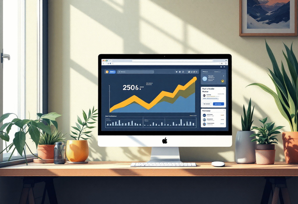 Website analytics rising beside a content scheduler on a clean desktop
