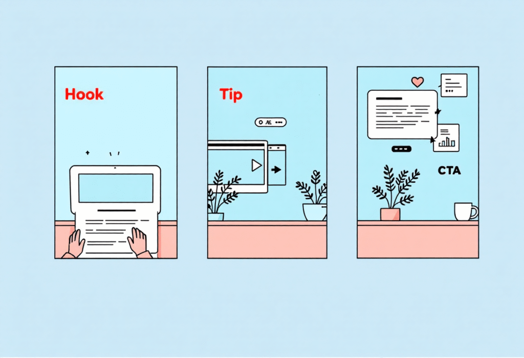 Short video storyboard Hook Tip CTA next to an open blog on a laptop