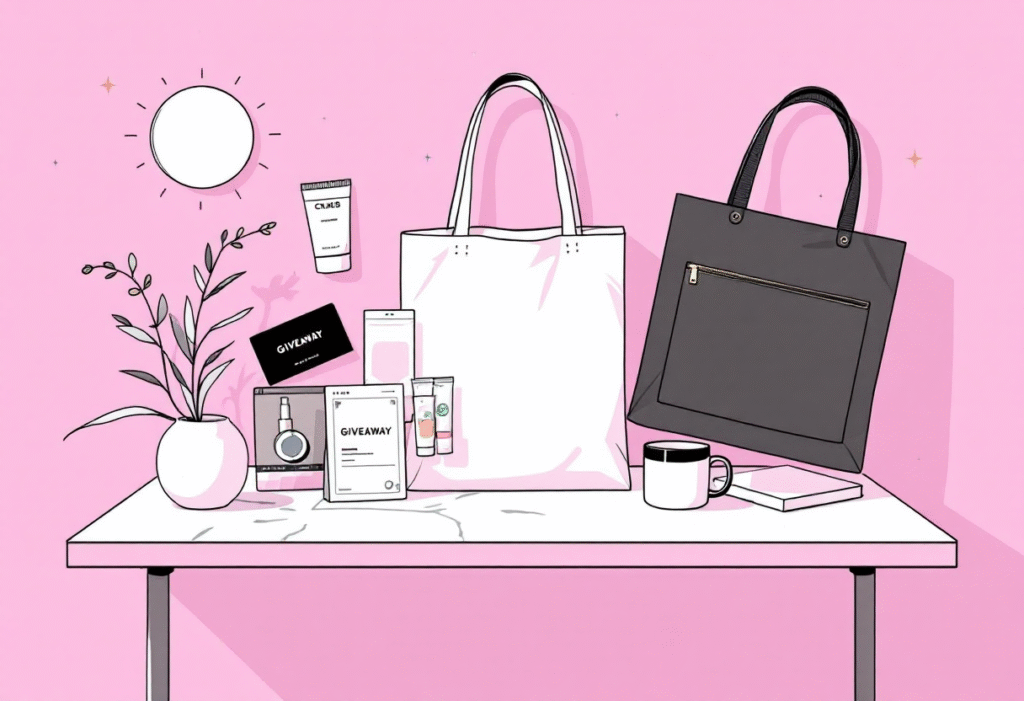 Flat-lay of a branded prize bundle on a marble desk, including gift card, tote, mug, and product samples with a giveaway card. Minimal, premium aesthetic.
