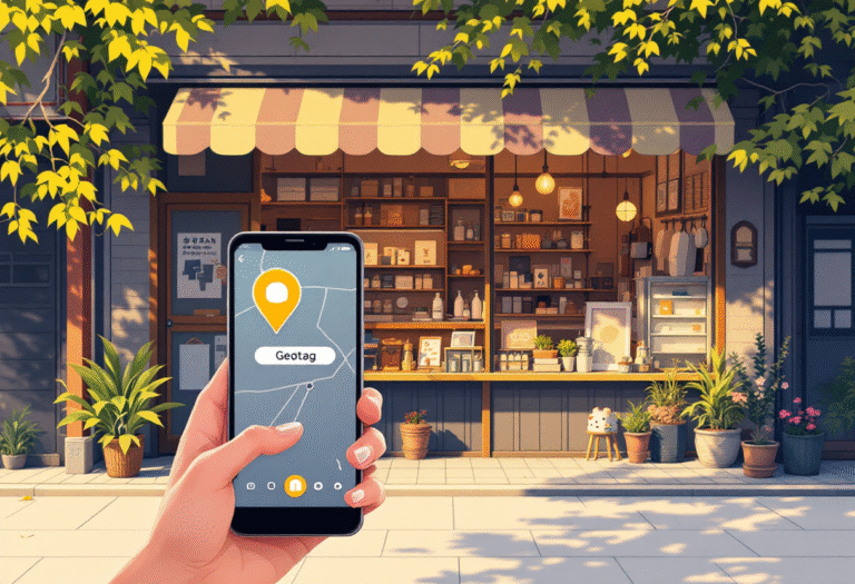 Street-level photo of a cozy shop front with an owner filming a short video, geotag sticker visible on screen, afternoon light