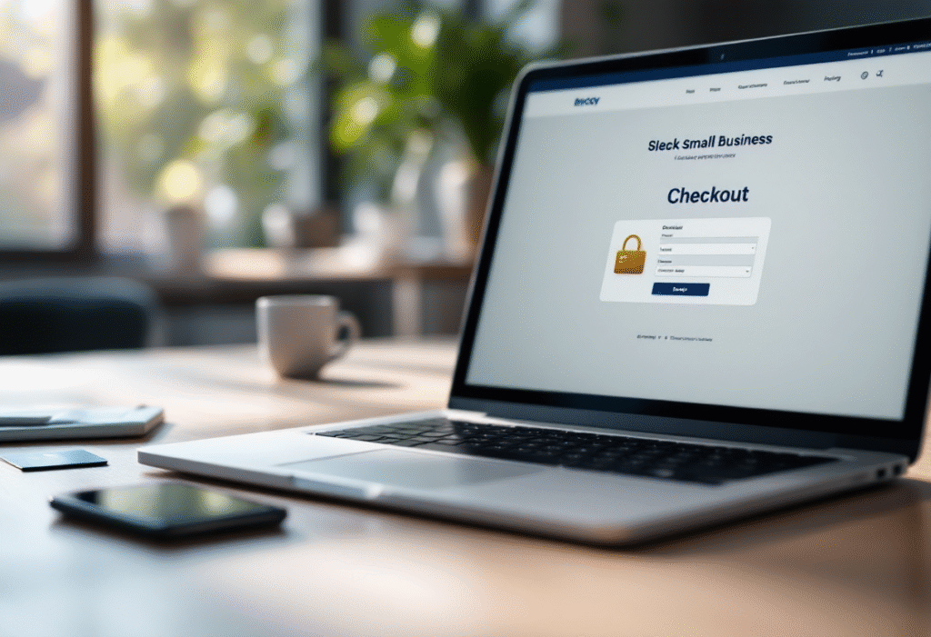 Sleek small business website checkout page on a laptop, credit card and smartphone nearby, modern office desk, navy and gold branding, soft natural light