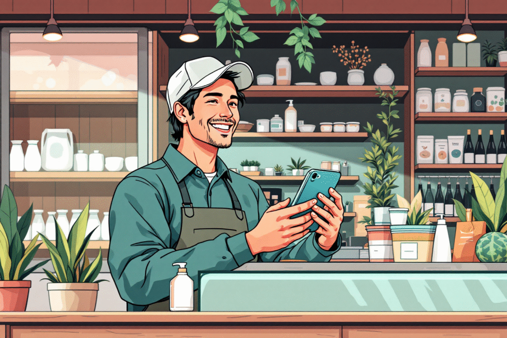 A small business owner smiling while recording a casual video on a smartphone inside their shop, natural lighting and real products in the background.
