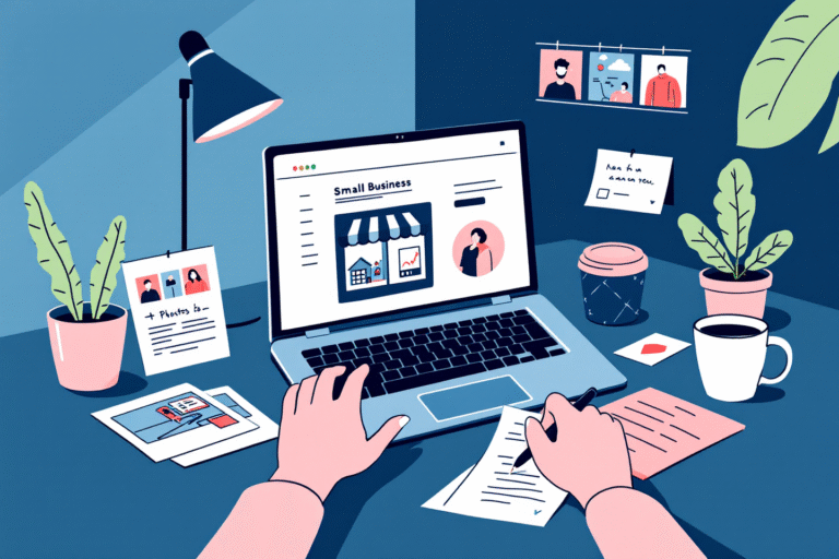 A cozy workspace with a laptop open to a small business website, printed photos, handwritten notes, and a coffee mug scattered on the desk.