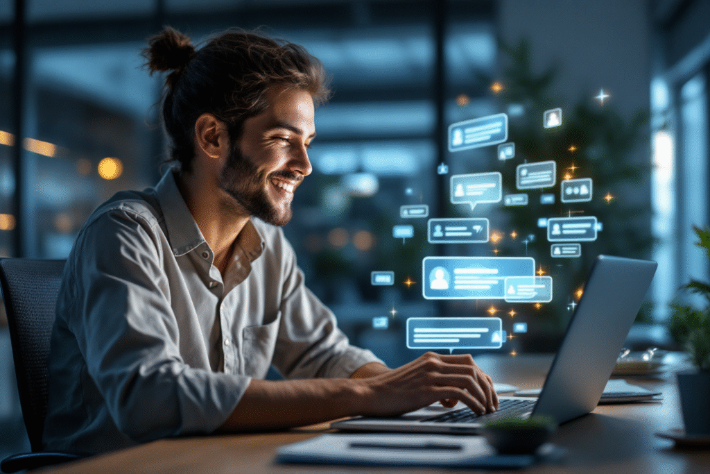 Small business owner managing automated follow up on a laptop