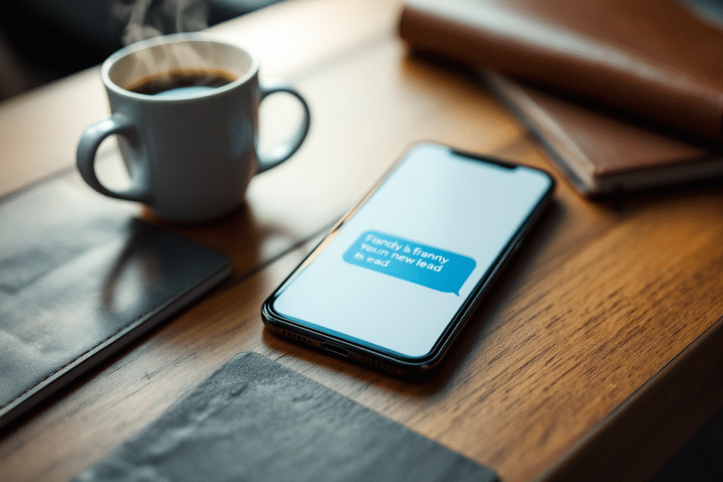 Smartphone displaying a friendly text message sequence to a new lead, coffee cup and notebook on the table, cozy and professional look, realistic photography