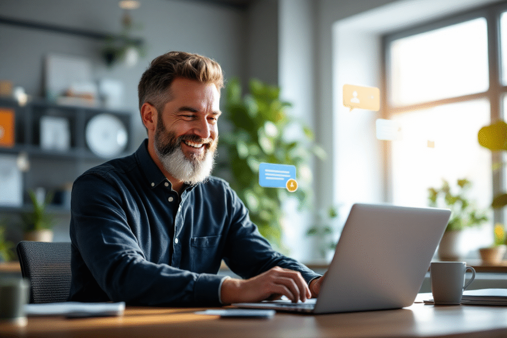 Small business owner smiling at a laptop as messages and notifications float around the screen, symbolizing automated follow up, bright modern office, realistic style