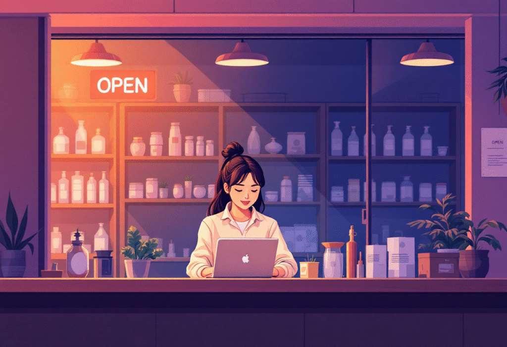 Small business owner answering customer DMs at a shop counter