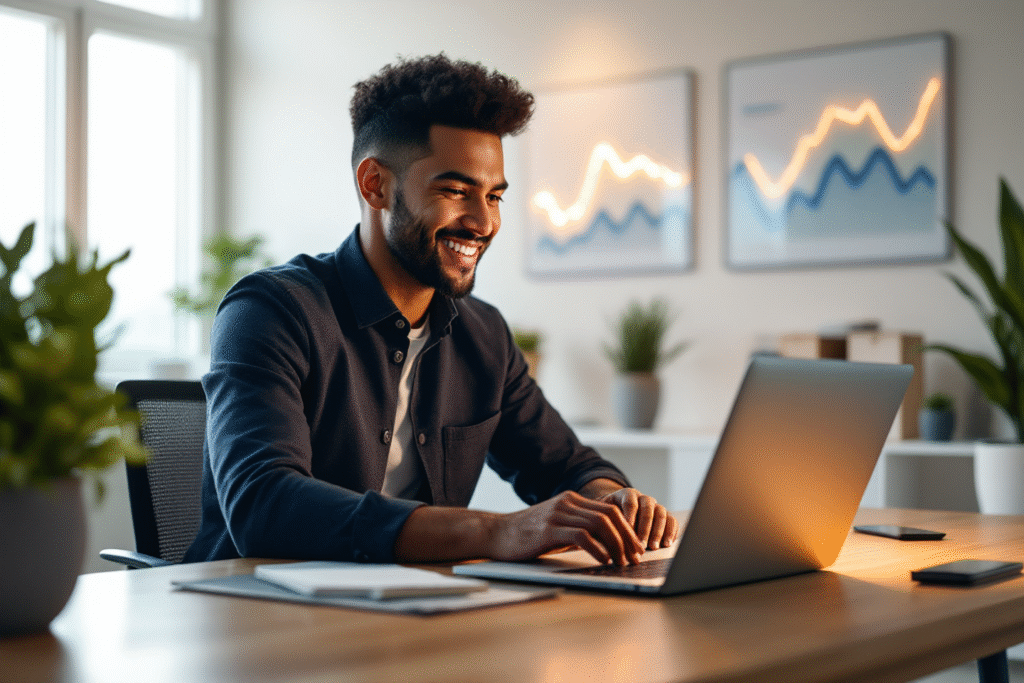 Small business owner reviewing a modern professional website on laptop