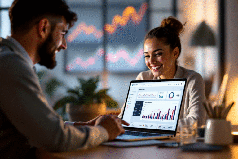 A confident small business owner in a modern office smiling at a laptop that shows a clean professional website layout, warm lighting, subtle upward graphs in the background, luxury but approachable style