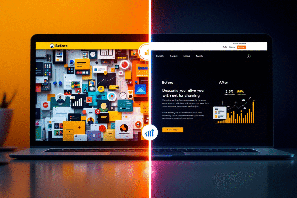 Before and after comparison of outdated website and modern professional site