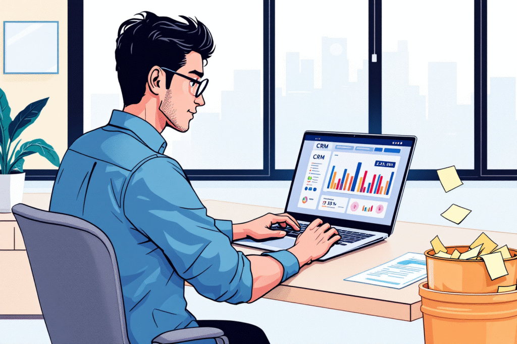 A small business owner working at a modern laptop in a bright office, colorful CRM dashboard on screen, sticky notes in the trash, clean minimalist style, realistic photography.