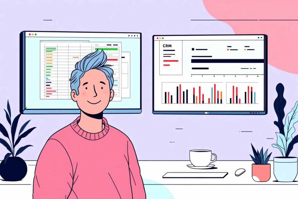 Side by side comparison of messy spreadsheet on one monitor and clean CRM pipeline on another, small business owner smiling in the foreground, realistic office setting.