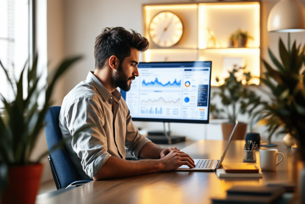 Small business owner reviewing blog traffic analytics on a luxury styled website