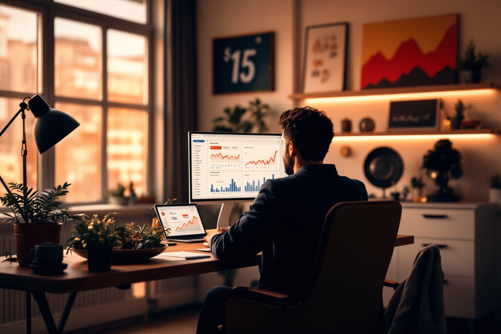 High resolution 16:9 image of a small business owner in a modern, stylish office with a laptop showing a blog dashboard full of traffic charts, warm natural lighting, luxurious dark navy and gold color accents, clean minimal background, professional photography style