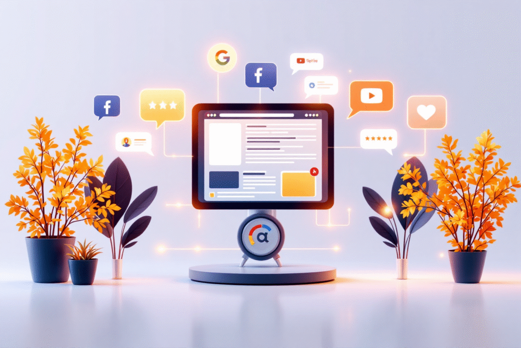 Wide 16:9 scene of a central website screen surrounded by floating icons for Google, Facebook, Instagram, YouTube, reviews, and AI chat bubbles, all connected by glowing lines, modern flat illustration, clean white background with subtle navy and gold accents
