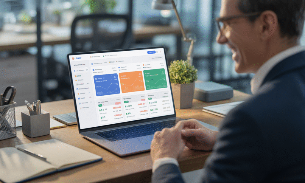Small business owner smiling at a laptop showing colorful financial dashboards from online bookkeeping software, tidy desk, bright modern office, realistic style