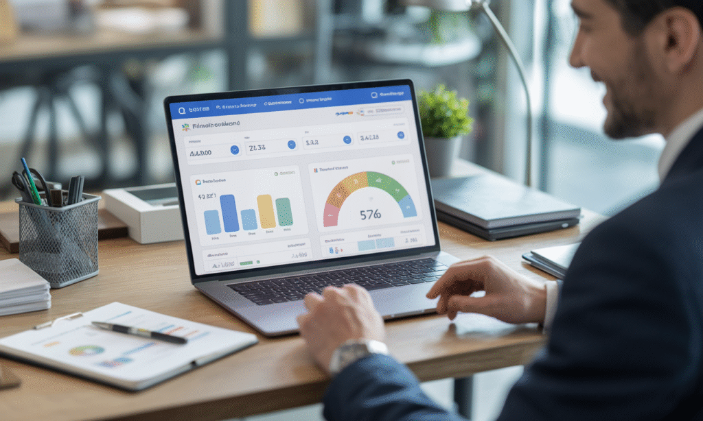 Small business owner reviewing online bookkeeping dashboards on a laptop