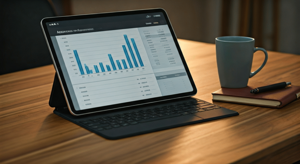 Close up of a tablet displaying an income and expense chart with automated bank feeds, coffee mug and notebook nearby, cozy and professional atmosphere