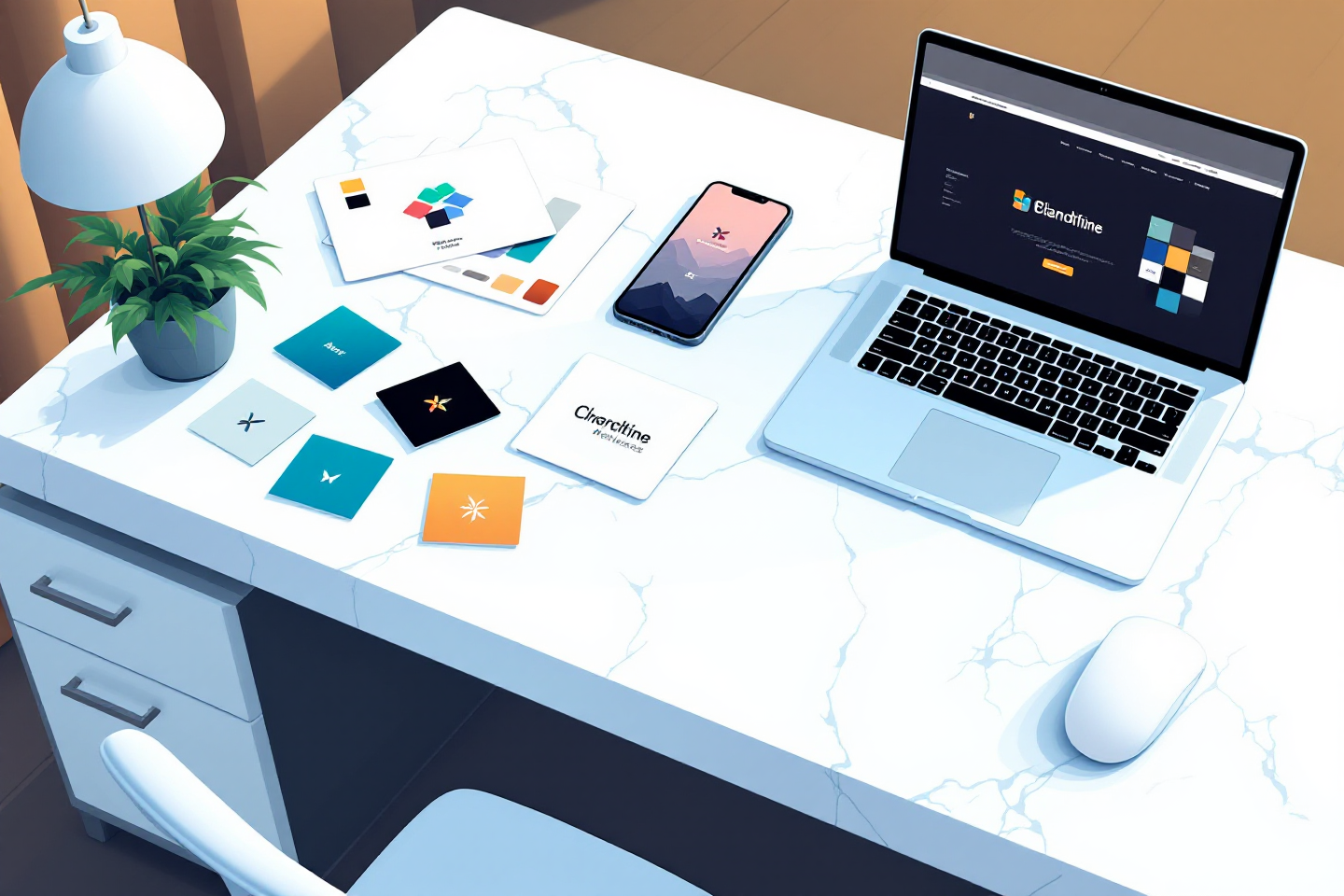 A flat lay of a laptop, color swatch cards, logo sketches, and a smartphone showing a branded website on a white marble desk, modern and luxurious.