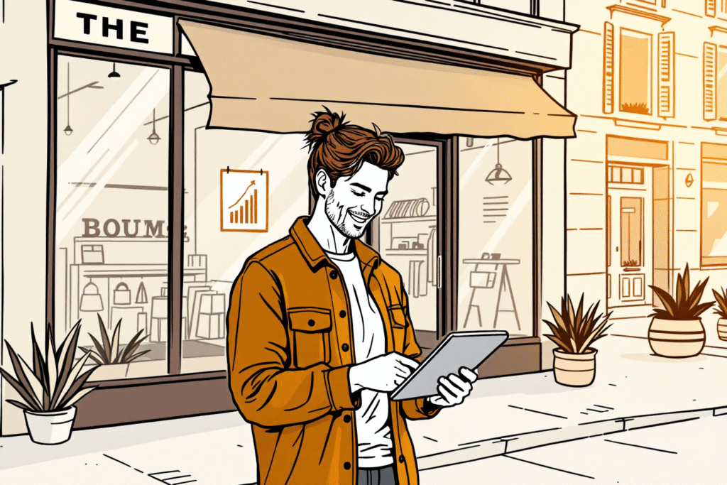 Boutique owner reviews website analytics on a tablet outside a branded storefront.