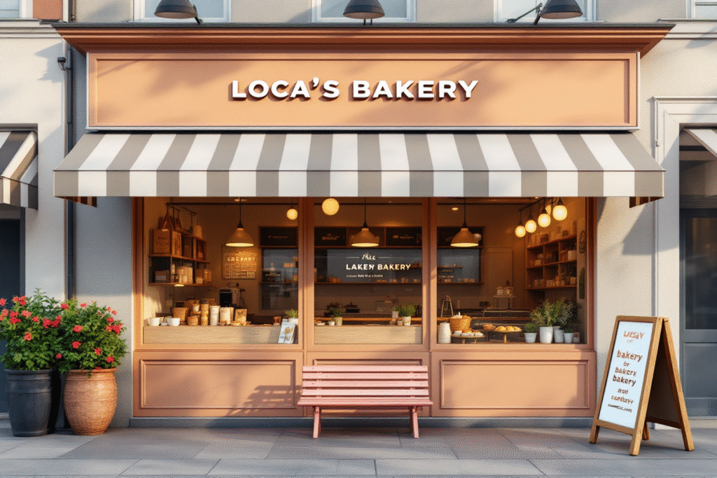 Storefront of a local bakery with clean signage, matching colors on awning and packaging, and a sidewalk A frame that mirrors the website headline.