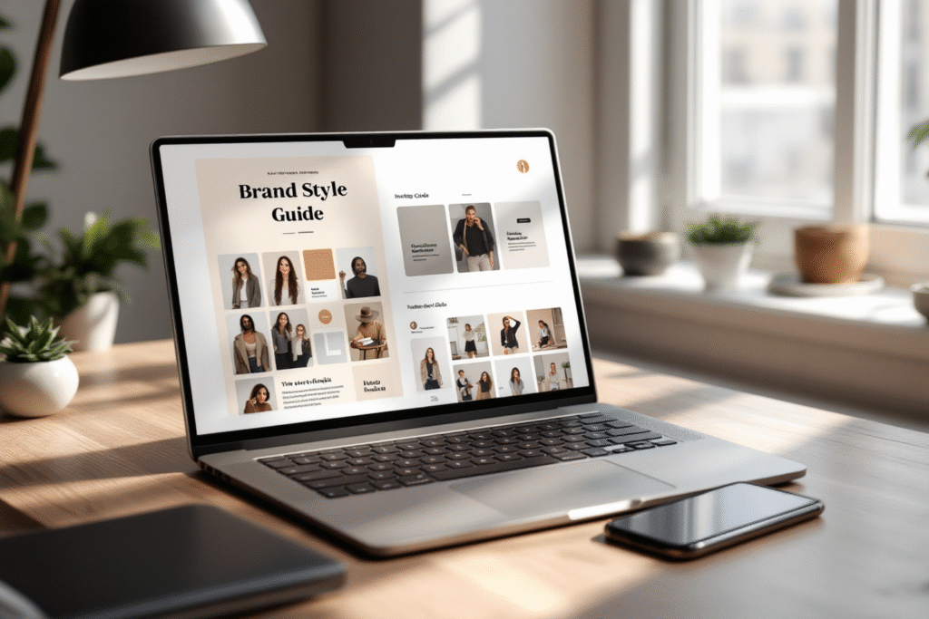 Minimal desk with laptop showing a brand style guide, color swatches, typography samples, and a phone displaying a matching Instagram grid, natural window light.