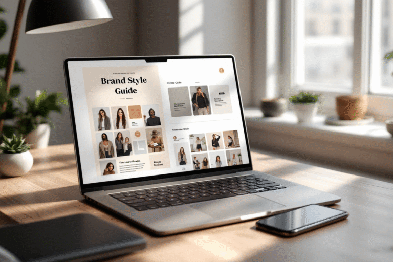 Minimal desk with laptop showing a brand style guide, color swatches, typography samples, and a phone displaying a matching Instagram grid, natural window light.