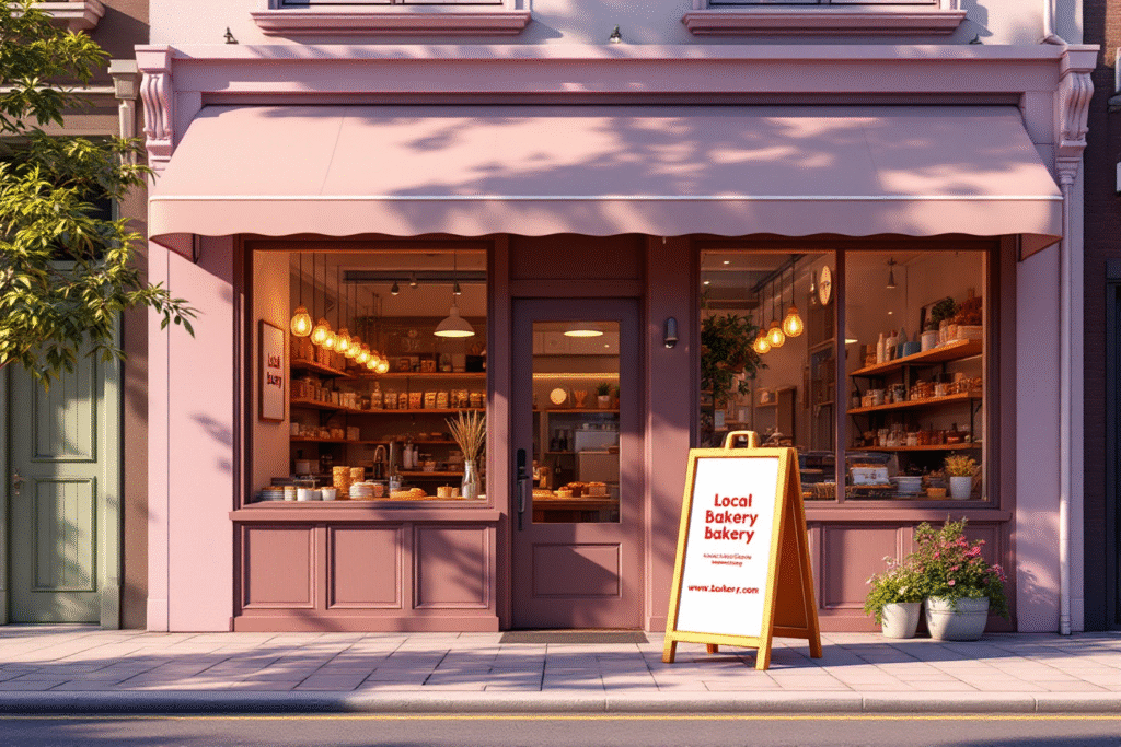 Bakery storefront and packaging using the same colors and headline for brand consistency.