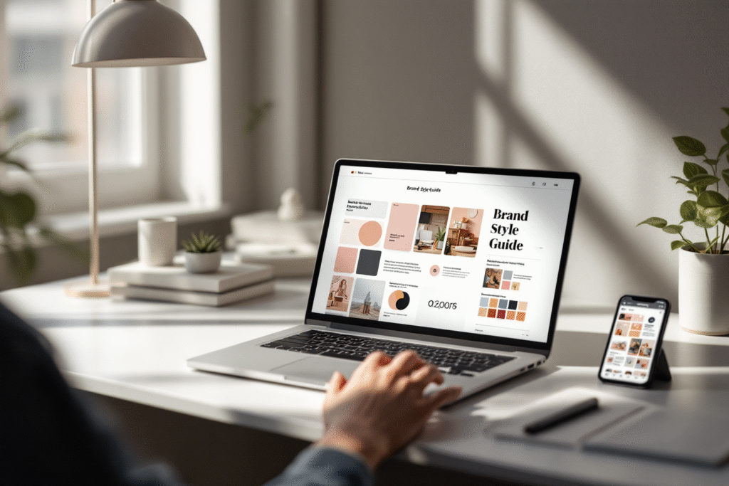 Laptop with brand style guide and matching Instagram grid demonstrating consistent branding.