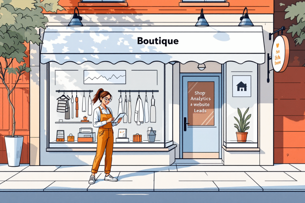 A confident shop owner standing in front of a boutique storefront, clear signage and brand colors, smiling while checking a tablet that displays analytics and website leads, golden hour lighting, shallow depth of field.