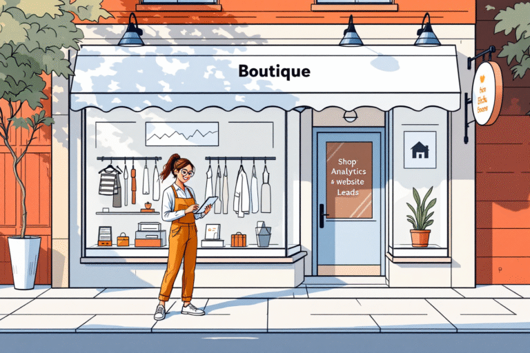 A confident shop owner standing in front of a boutique storefront, clear signage and brand colors, smiling while checking a tablet that displays analytics and website leads, golden hour lighting, shallow depth of field.