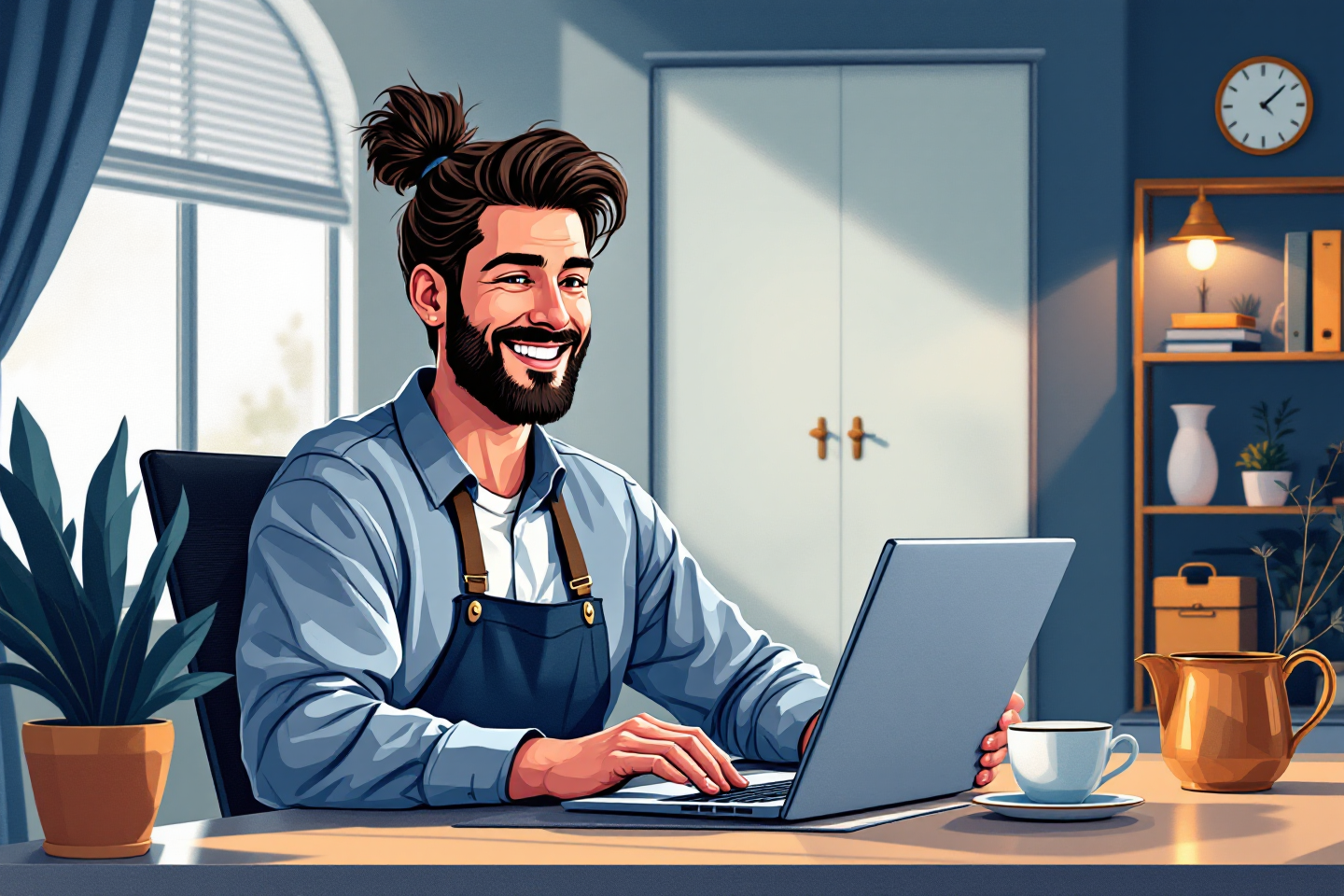 A friendly small business owner sitting at a modern laptop, showing clear pricing and customer reviews on their website, bright office, luxury navy and gold accents