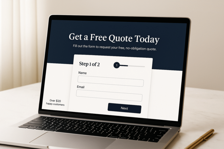 Laptop with two step quote form and progress bar on a clean small business landing page