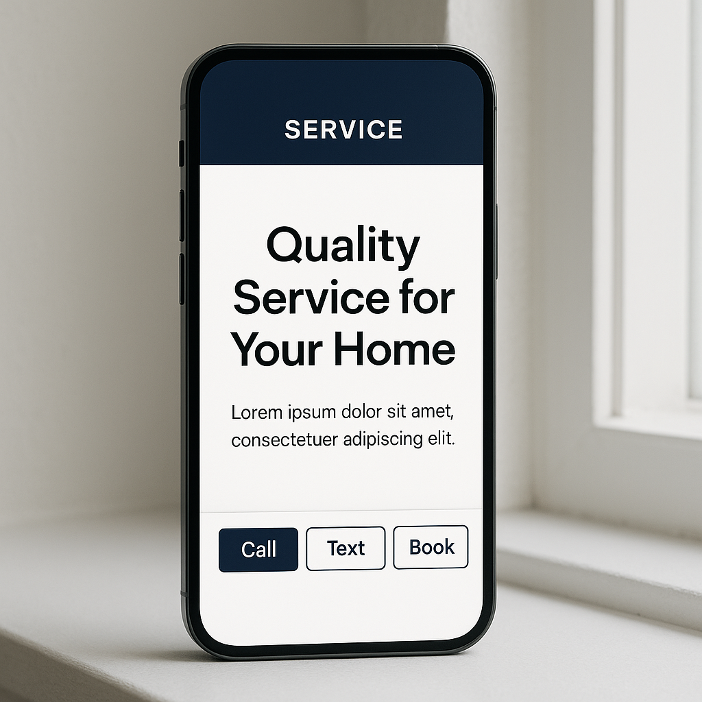 Mobile phone showing sticky Call Text and Book buttons on a landing page
