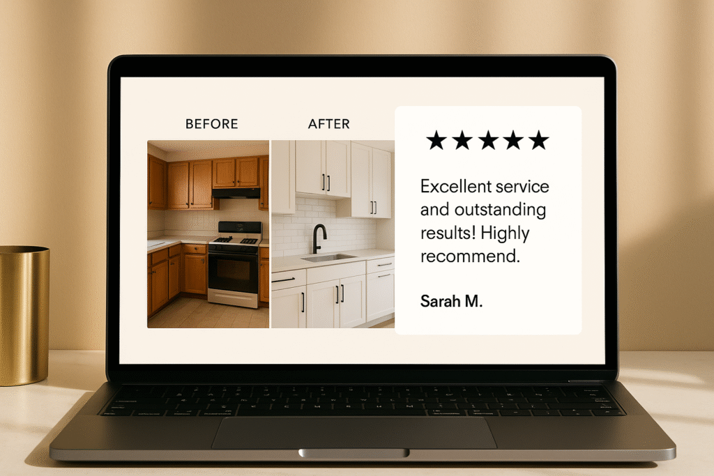 Landing page with before and after photos and five star reviews