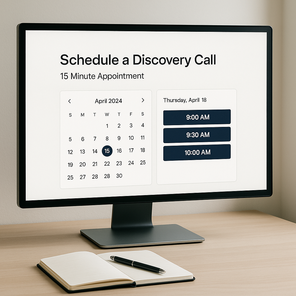 Landing page with embedded calendar showing discovery call time slots
