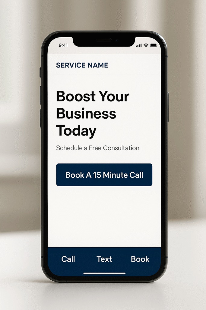Mobile site with Book A 15 Minute Call and sticky action bar