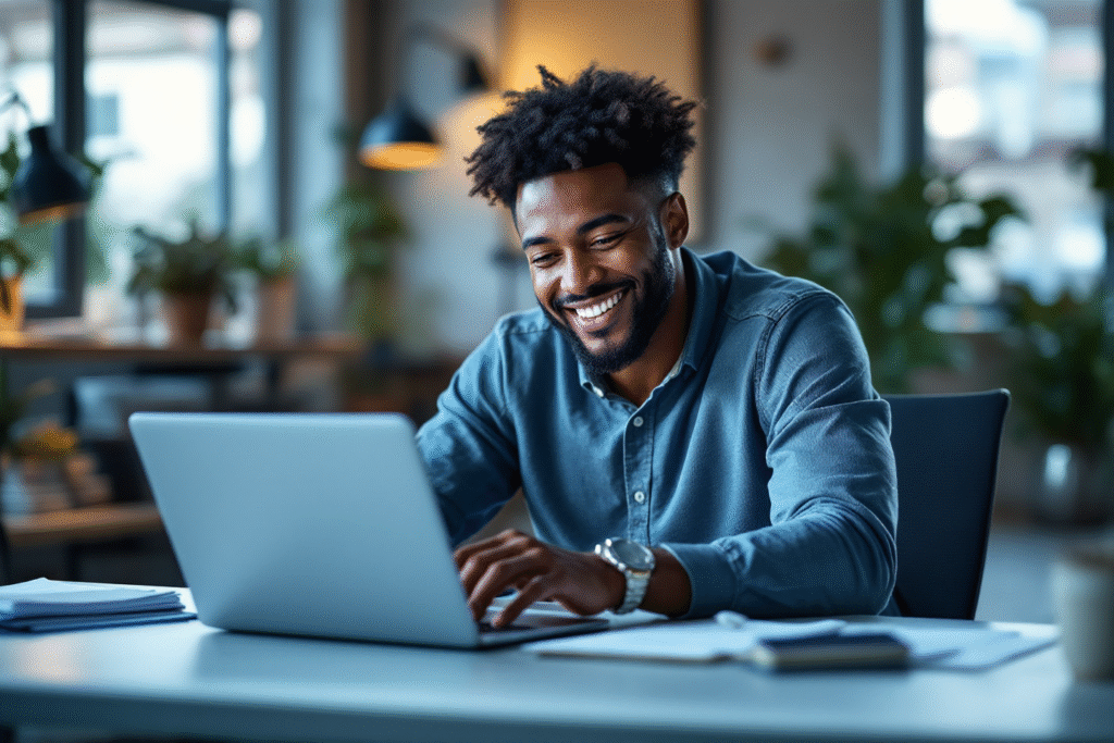 Small business owner smiling at a laptop while a friendly chatbot icon appears on the screen, modern office, bright and clean, realistic photography