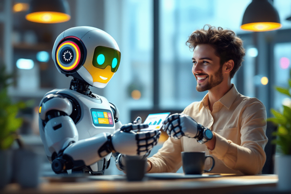 Illustration of a chatbot robot handing virtual lead cards to a business owner, symbolizing time saving automation, colorful and approachable style