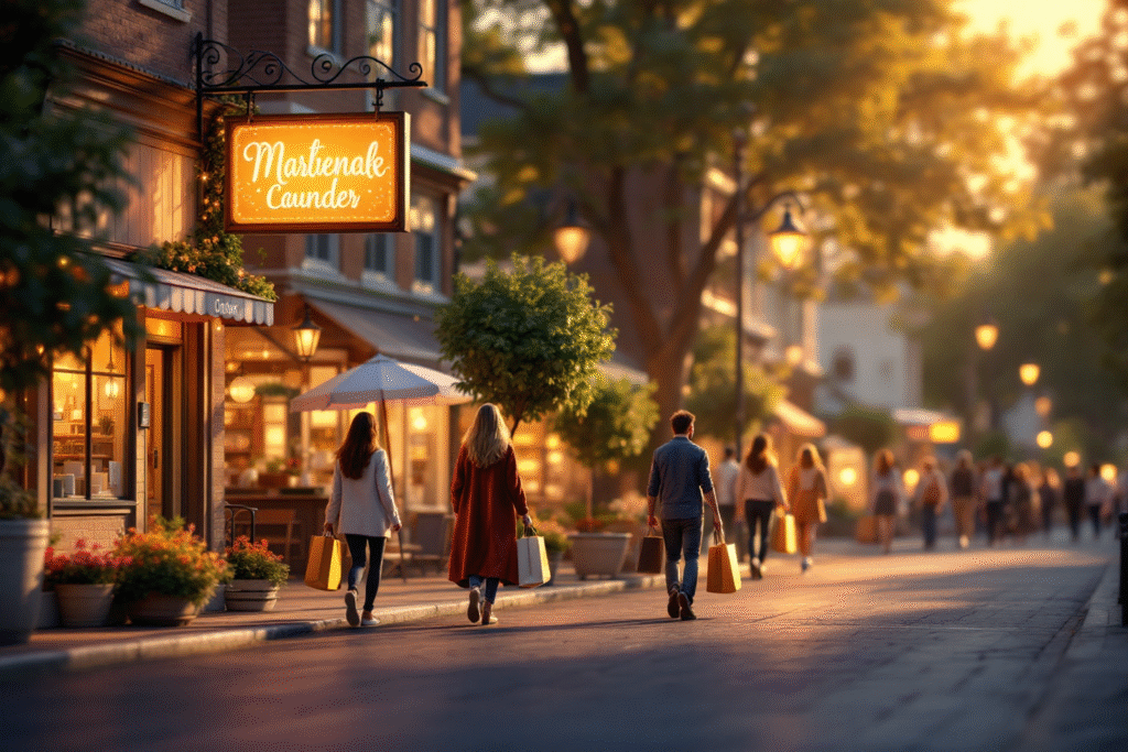 Cozy main street lined with small businesses, glowing store signs, happy customers walking out with shopping bags, subtle motion blur for energy, golden hour sky, clean modern illustration style