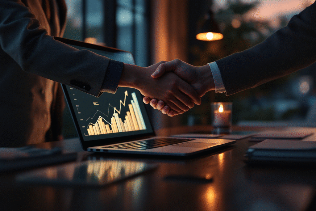 Customer shaking hands with small business owner in modern office, symbolizing strong customer retention