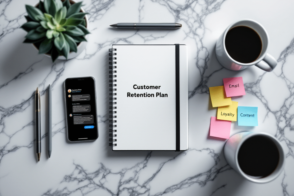Flat lay of customer retention plan with notes on email, loyalty, and content strategy