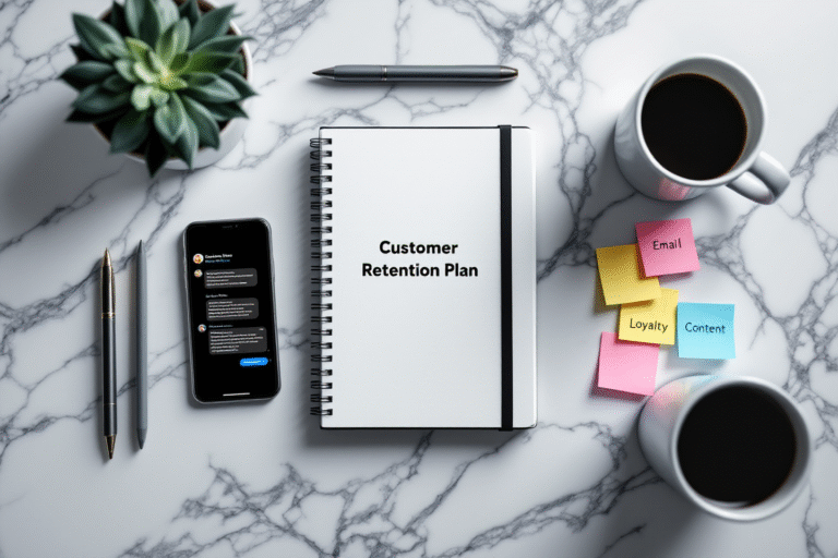 Flat lay of customer retention plan with notes on email, loyalty, and content strategy