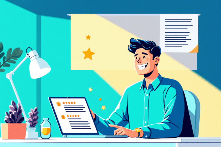 Happy small business owner smiling and pointing at a laptop screen showing five star reviews and customer testimonials, modern office setting, bright and professional
