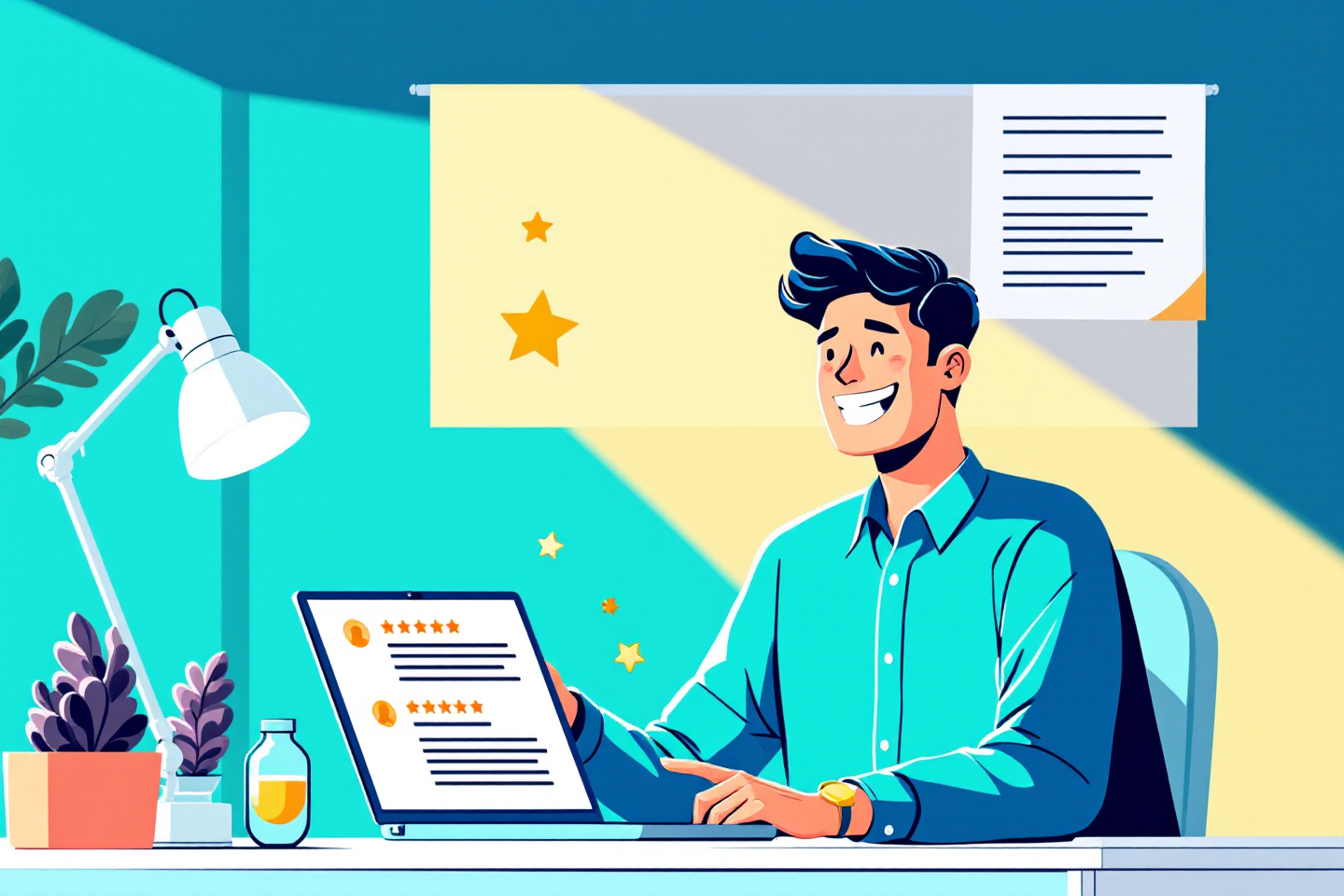 Happy small business owner smiling and pointing at a laptop screen showing five star reviews and customer testimonials, modern office setting, bright and professional