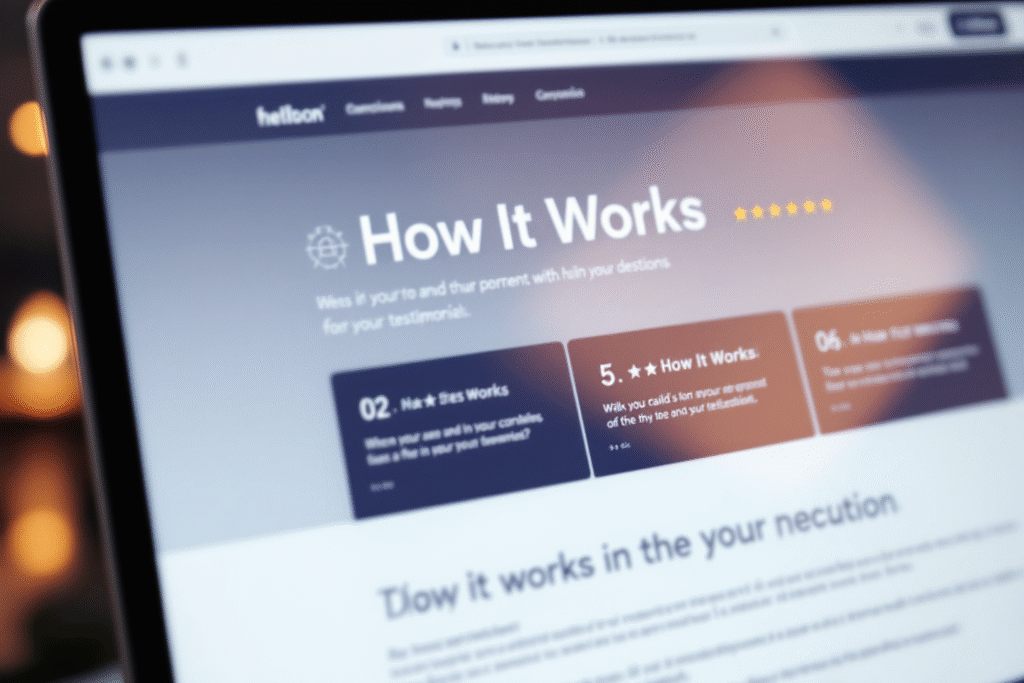 Close up of a website screen with a “How It Works” section, clear steps, and five star ratings, clean design with white, navy, and gold colors